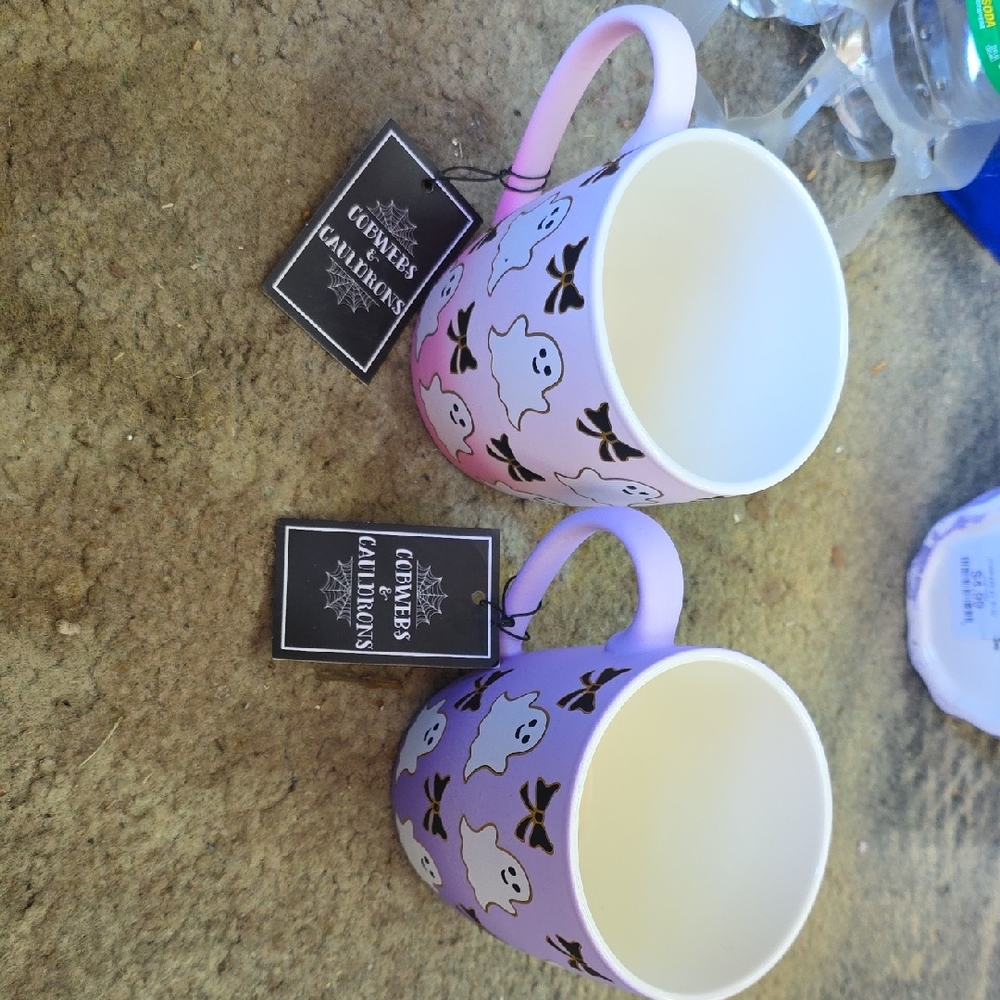 Cobwebs & Cauldron Ghost Mugs 1 Pink & 1 Purple